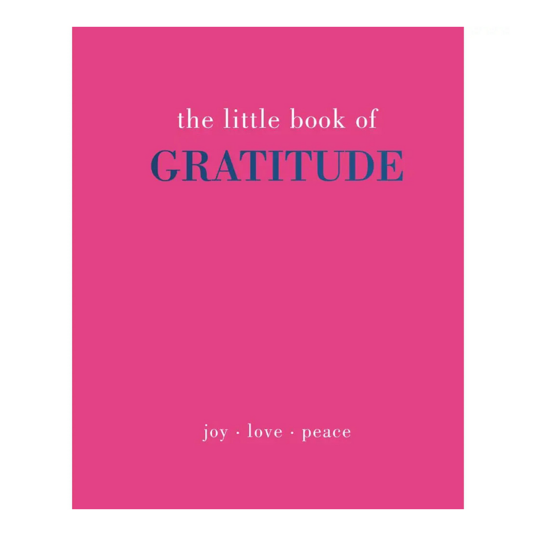Book cover of 'The Little Book of Gratitude' with the words 'joy, love, peace' at the bottom, featuring the title in white and navy serif typography on a bold fuchsia background.