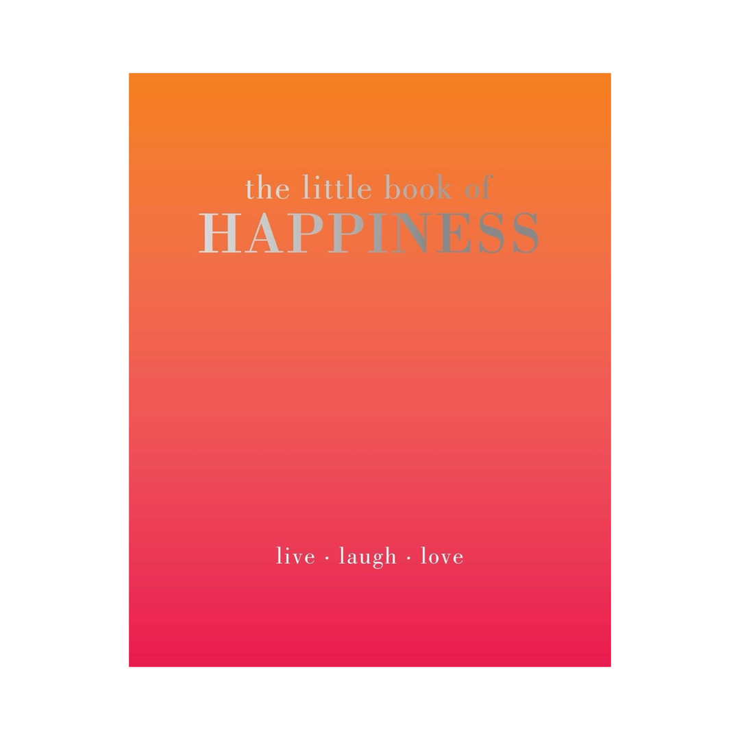 Book titled 'the little book of HAPPINESS' with gradient orange to pink cover.