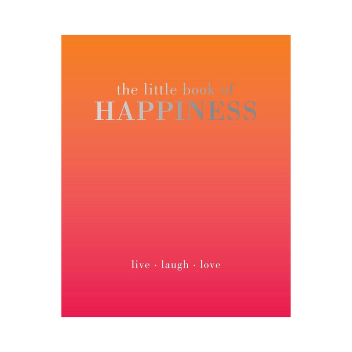 Book titled 'the little book of HAPPINESS' with gradient orange to pink cover.
