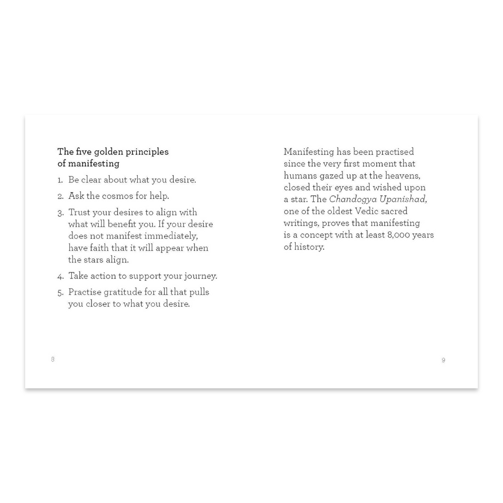 An open book spread showing pages 8 and 9. The left page is titled 'The five golden principles of manifesting' followed by a numbered list of five principles in serif font. The right page contains a short paragraph about the history of manifesting, referencing the Chandogya Upanishad.