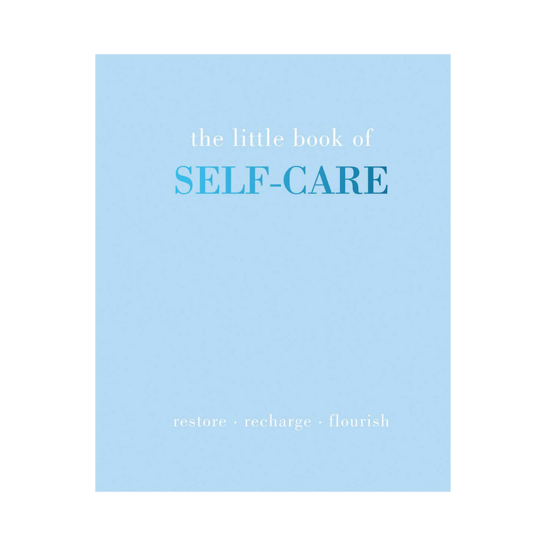 Book titled 'the little book of SELF-CARE' on a light blue background features blue and white title text at the top of the page.