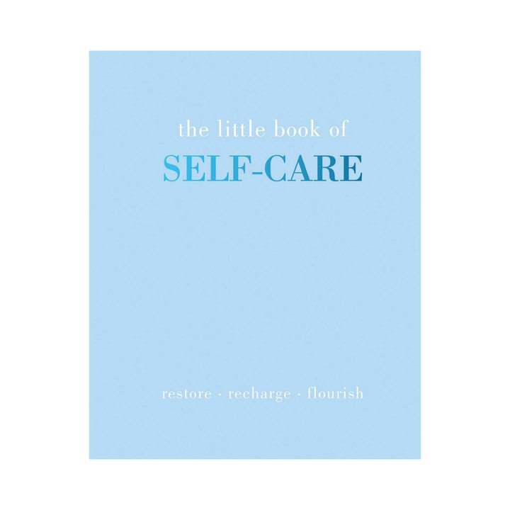 Book titled 'the little book of SELF-CARE' on a light blue background features blue and white title text at the top of the page.