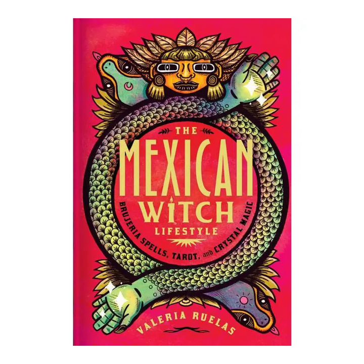 The red cover of the book 'The Mexican Witch Lifestyle: Brujeria Spells, Tarot, and Crystal Magic' features vibrant, colorful artwork with a stylized illustration of a witch and a snake, symbolizing the book's theme of Mexican brujería spirituality.
