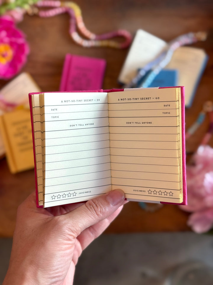 Hand holding a small notebook with lined pages and a pink border, surrounded by flowers and other notebooks.