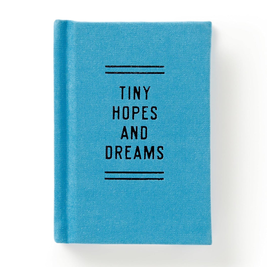 A small sky blue hardcover diary with bold black text reading Tiny Hopes and Dreams.