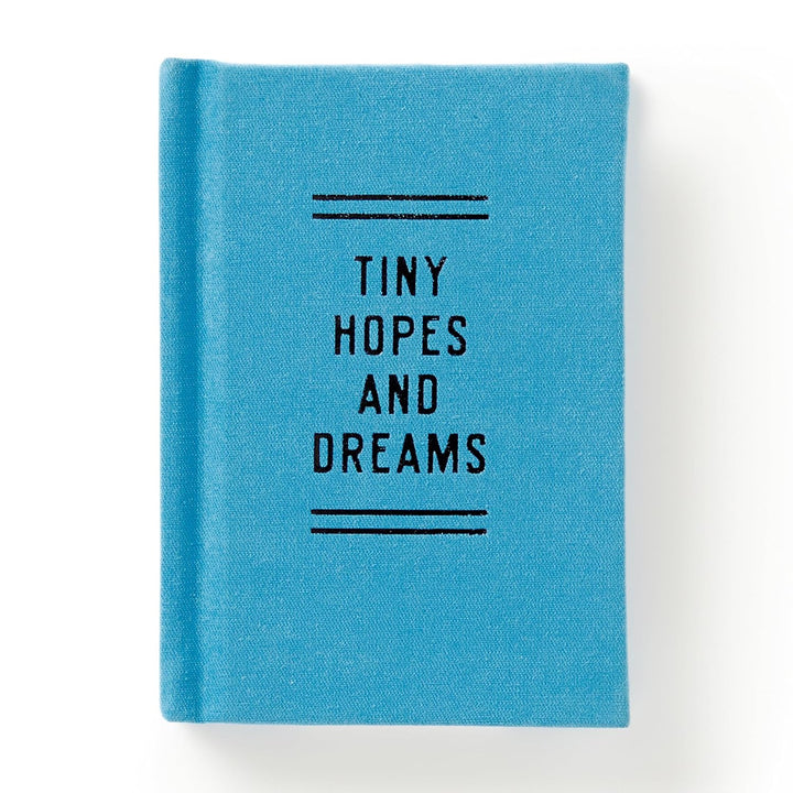 A small sky blue hardcover diary with bold black text reading Tiny Hopes and Dreams.