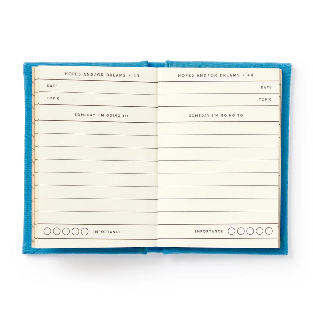 The interior pages of Tiny Hopes and Dreams showing numbered entry spreads with fields for date, topic, someday I am going to, and a bubble importance scale.