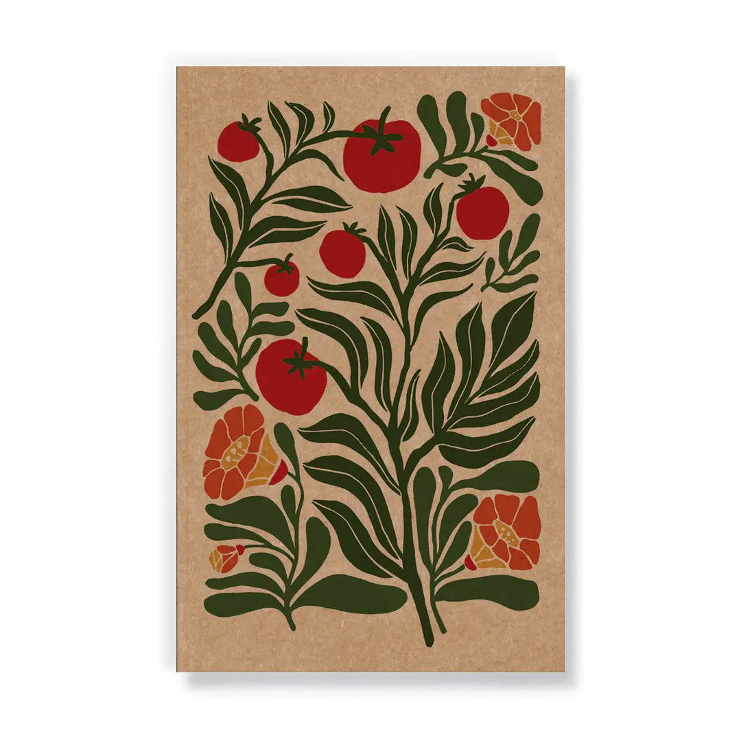 Brown kraft journal with a stylized illustration of red tomatoes on leafy green vines and orange flowers.