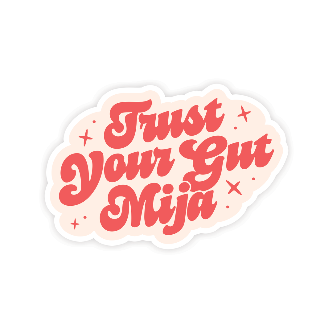 Graphic reads "Trust Your Gut MIja" in salmon colored, bold script font