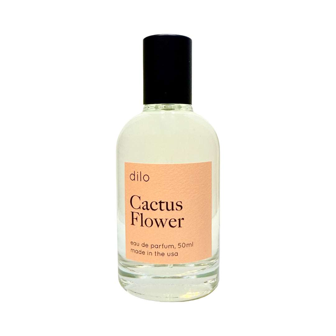 50 m clear bottle of cactus flower fragrance with a peach branded label.