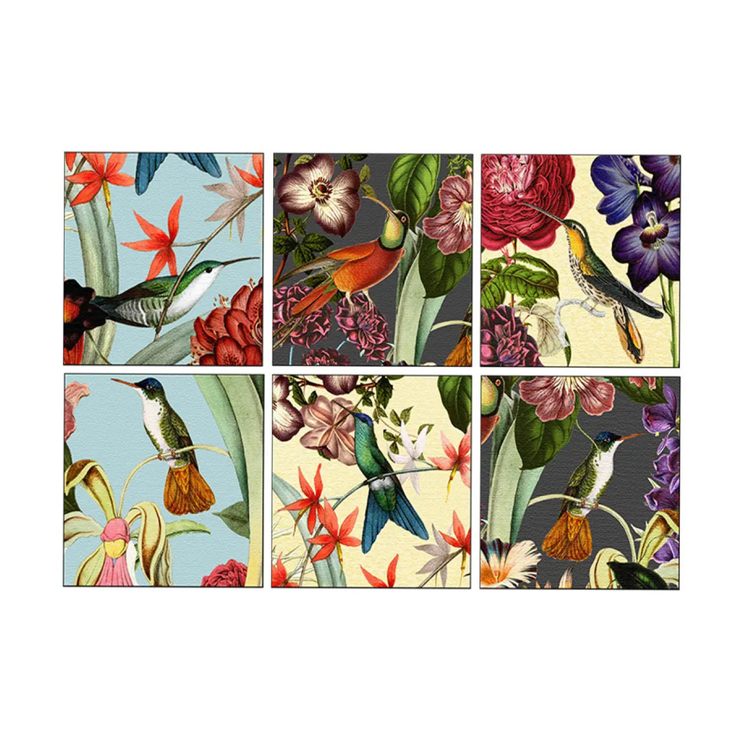 Six square matchbooks each featuring a single hummingbird perched on a branch.