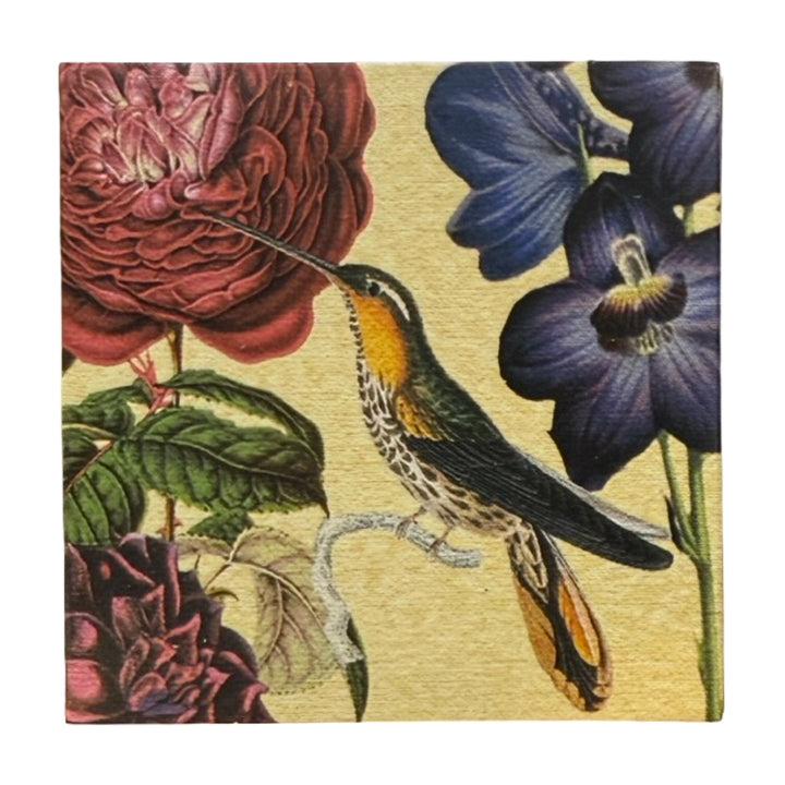 Yellow square matchbook featuring a single  yellow hummingbird perched on a branch surrounded by red, blue and pink flowers.