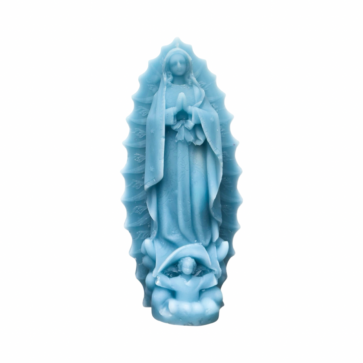 Light blue embossed Virgen de Guadalupe figural candle with detailed relief and decorative halo.