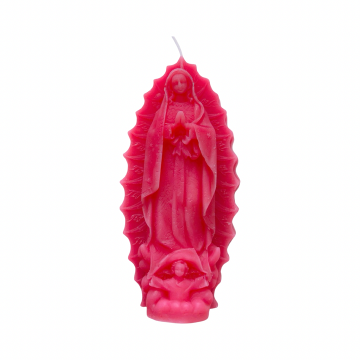 Bright pink embossed Virgen de Guadalupe figural candle with detailed relief and decorative halo.