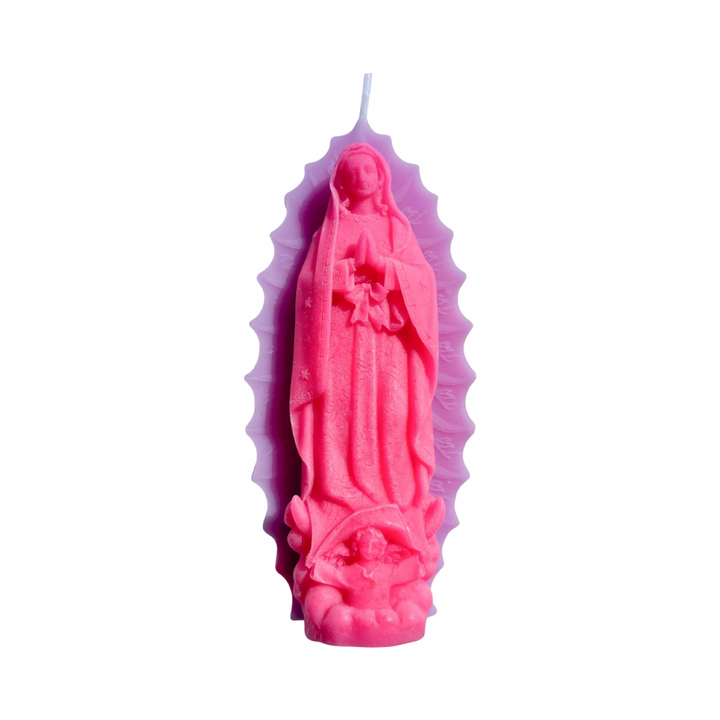 pink and light purple embossed Virgen de Guadalupe figural candle with detailed relief and decorative halo.