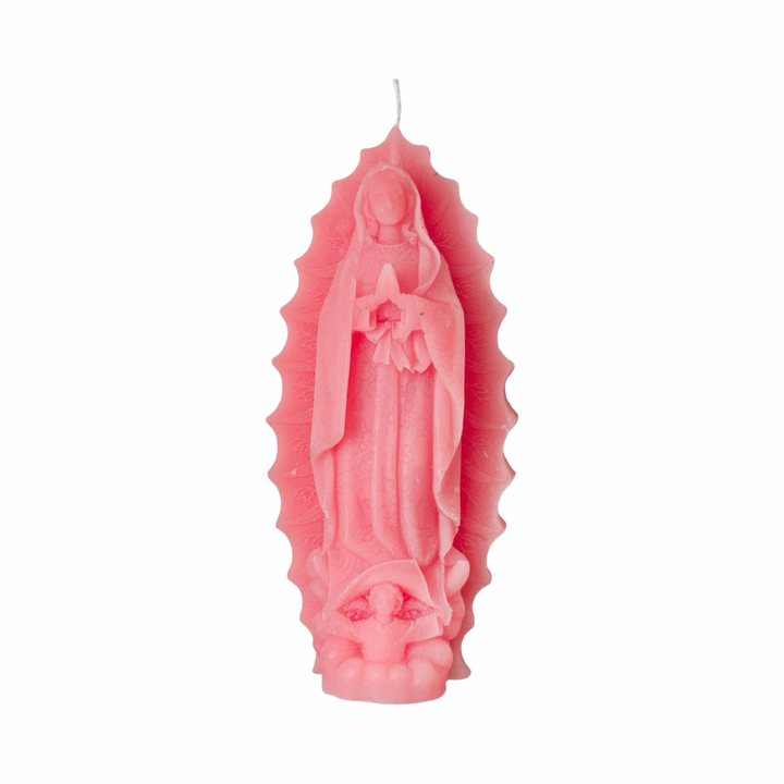 Light pink embossed Virgen de Guadalupe figural candle with detailed relief and decorative halo.