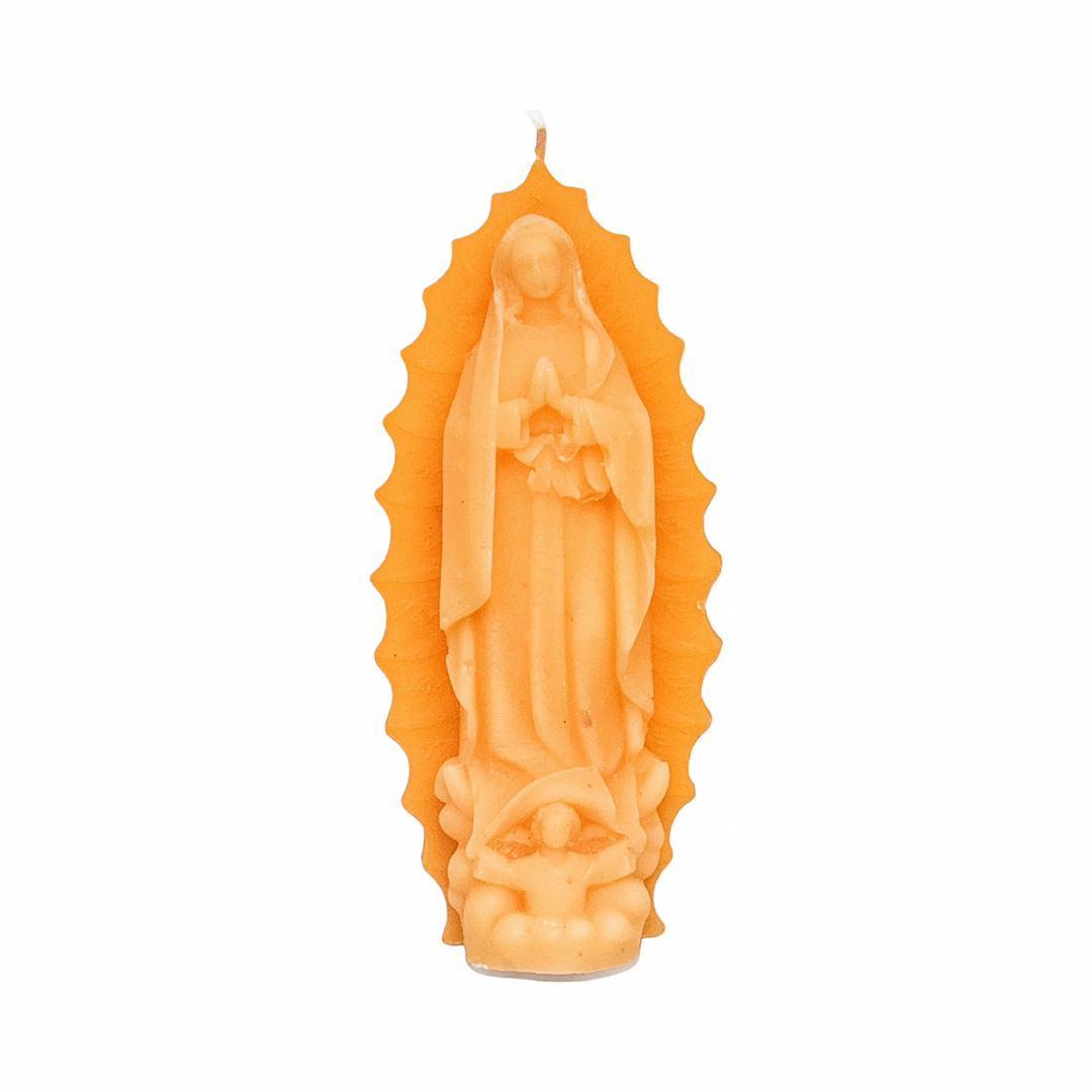 yellow-orange embossed Virgen de Guadalupe figural candle with detailed relief and decorative halo.