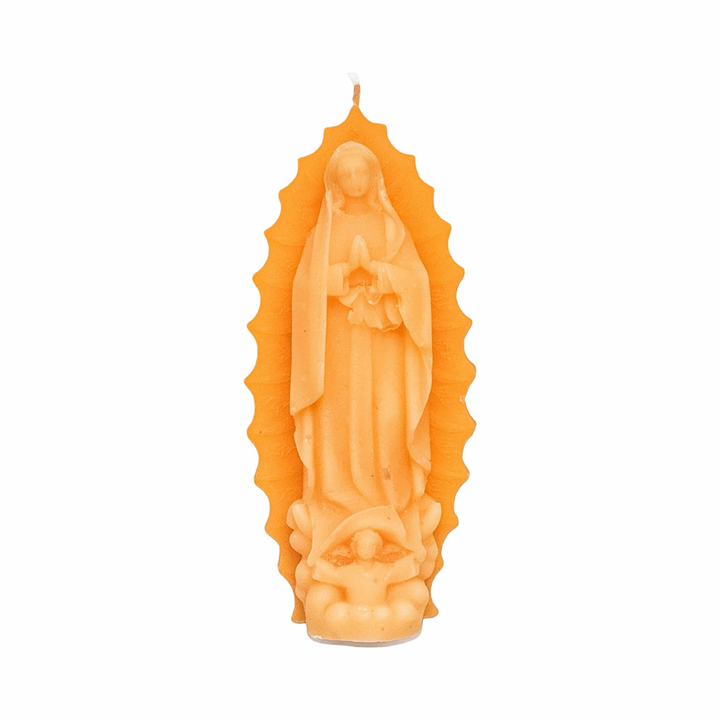 yellow-orange embossed Virgen de Guadalupe figural candle with detailed relief and decorative halo.