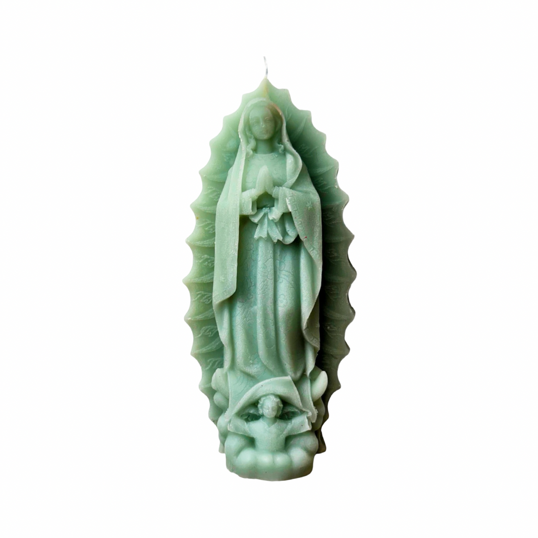 Sage Green embossed Virgen de Guadalupe figural candle with detailed relief and decorative halo.