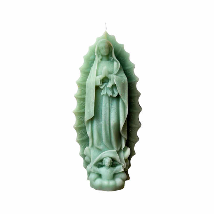 Sage Green embossed Virgen de Guadalupe figural candle with detailed relief and decorative halo.
