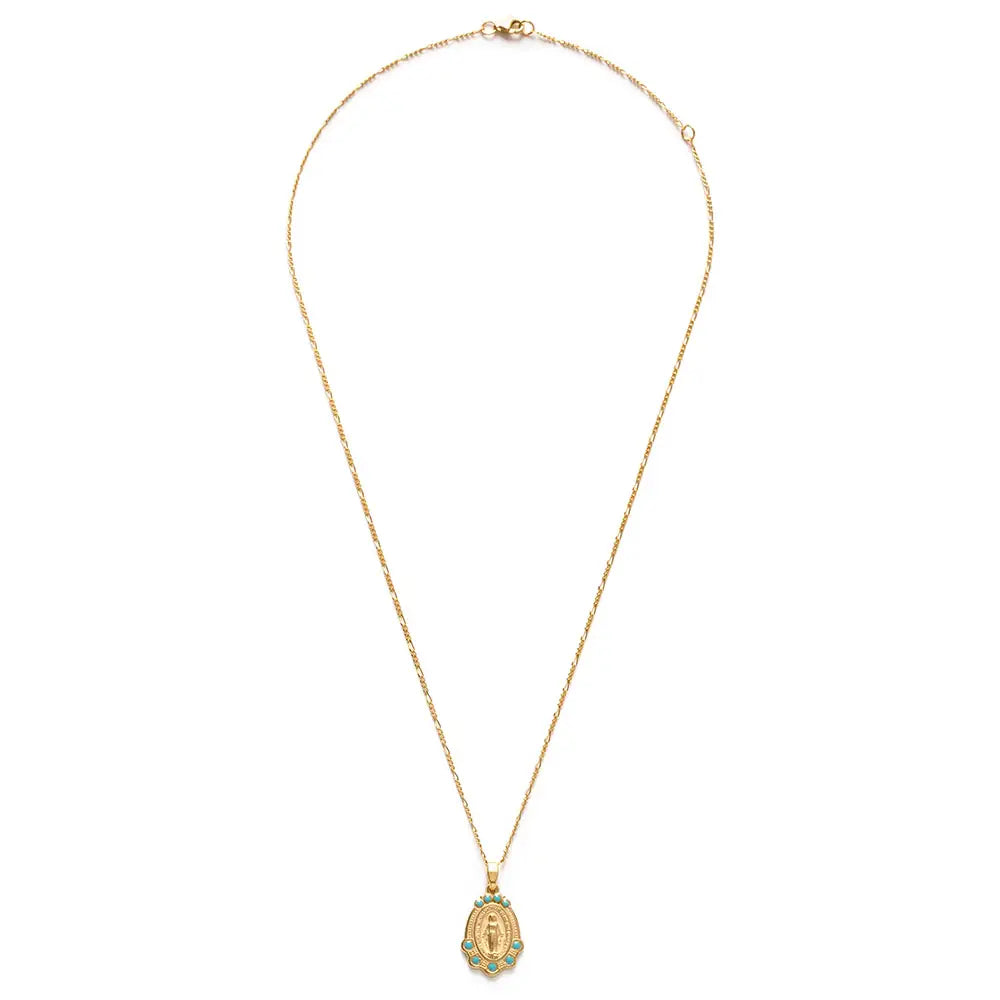 Virgin Mary Medallion with turquoise accents on a gold chain.