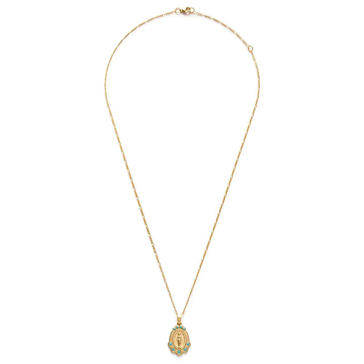 Virgin Mary Medallion with turquoise accents on a gold chain.
