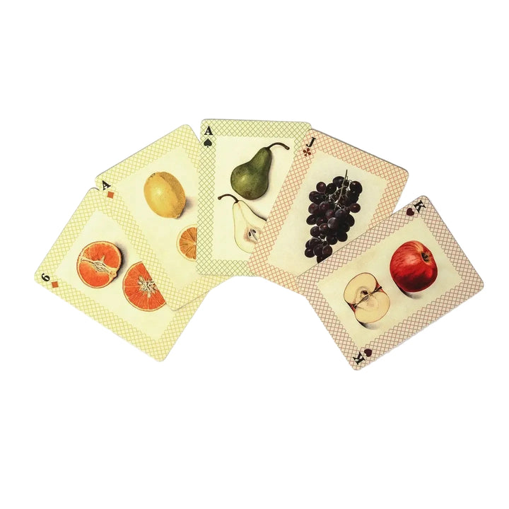 Four Watercolour Fruits playing cards from the Roomytown deck fanned out, each featuring a vintage-style illustration of a different fruit including oranges, lemon, pear, grapes, and apple