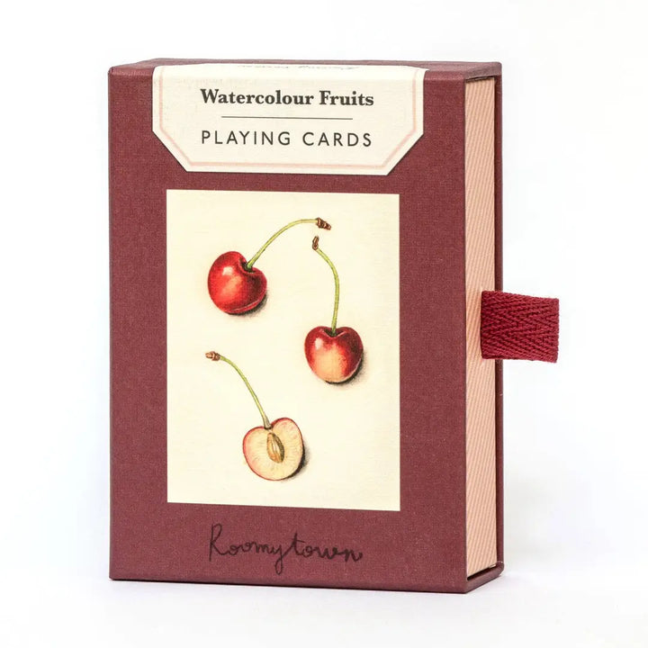 Watercolour Fruits Playing Cards by Roomytown in a deep burgundy slide-out box featuring a watercolour cherry illustration on the front and a woven burgundy ribbon pull tab on the side.