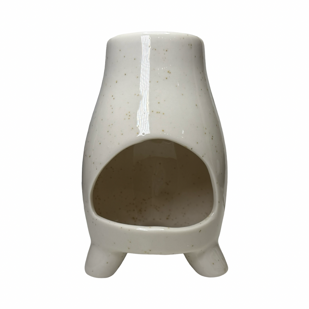Speckled beige ceramic planter with a small opening on a white background.