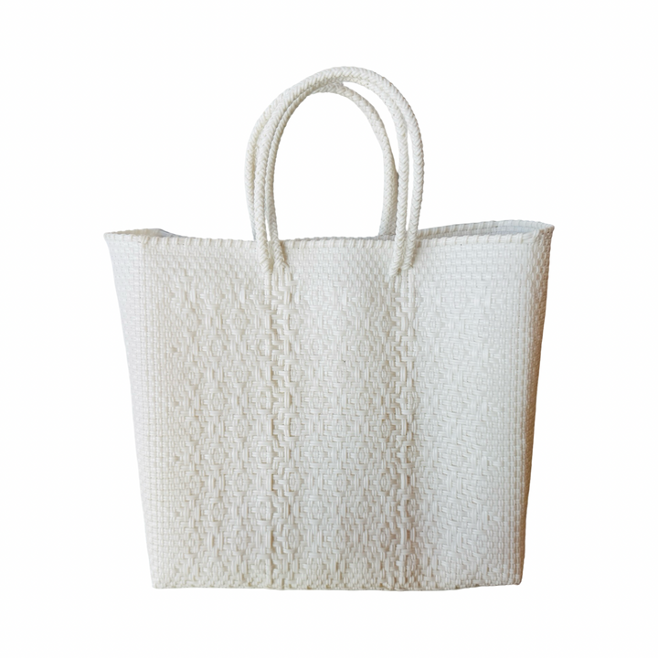 white recycled plastic woven tote featuring a unique weaved pattern and braided handles.