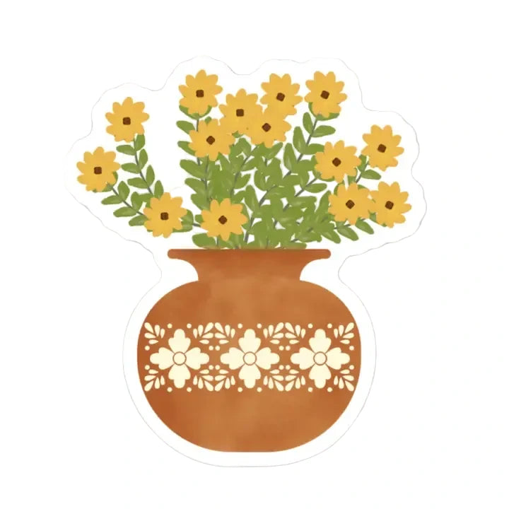 A die-cut sticker featuring an illustrated bouquet of yellow daisy-style wildflowers with green leafy stems arranged in a round terracotta vase decorated with a cream floral folk art pattern band
