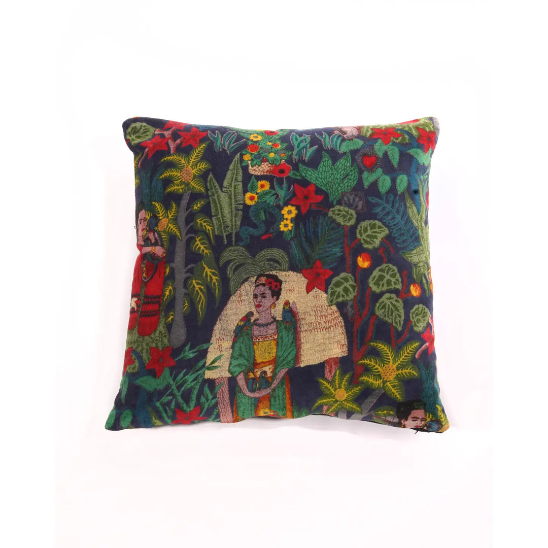 Black square pillow cover with a Frida Kahlo tropical design.