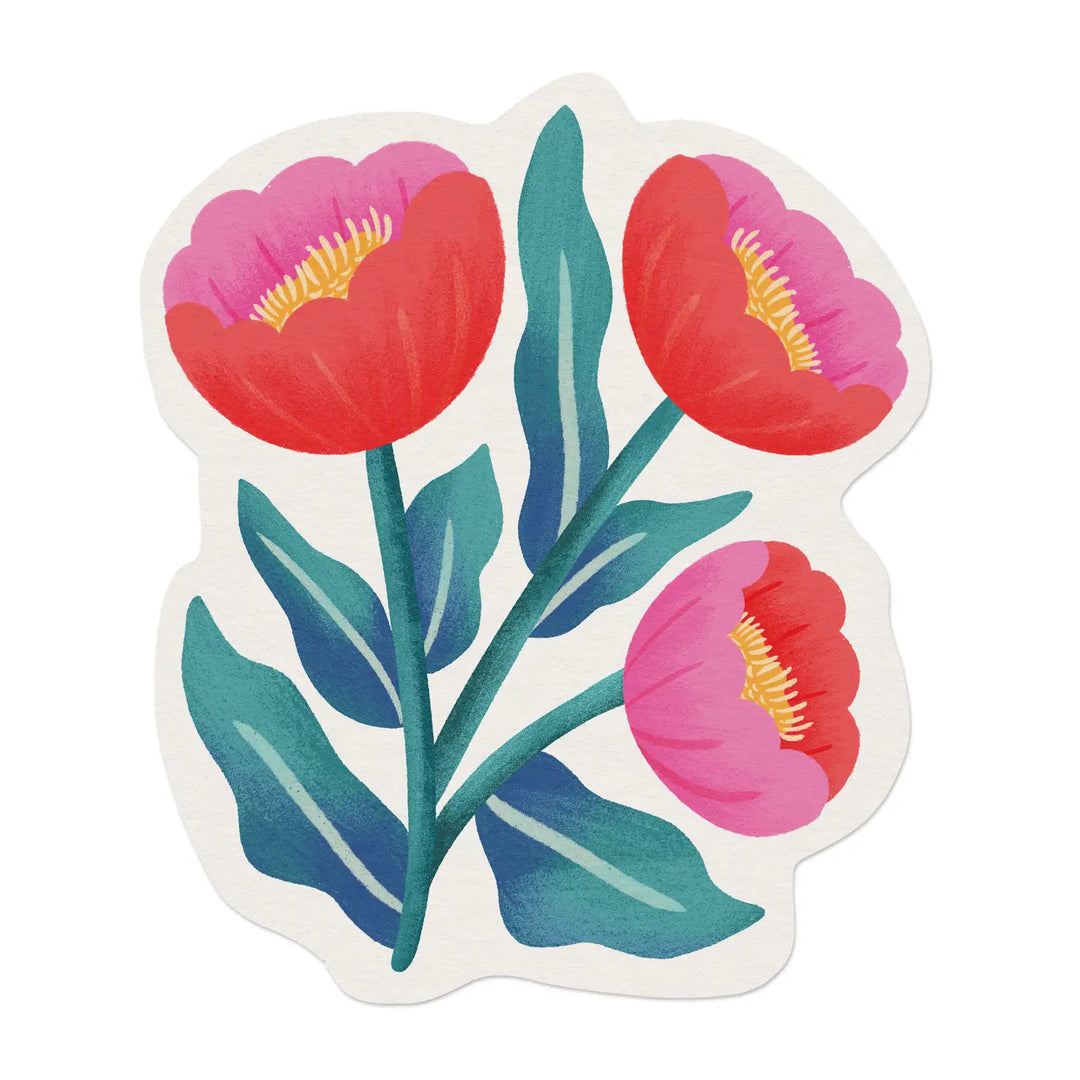 A die-cut sticker of three red and pink flowers with bright yellow centers and dark teal leaves on green stems, illustrated in a bold and playful style.