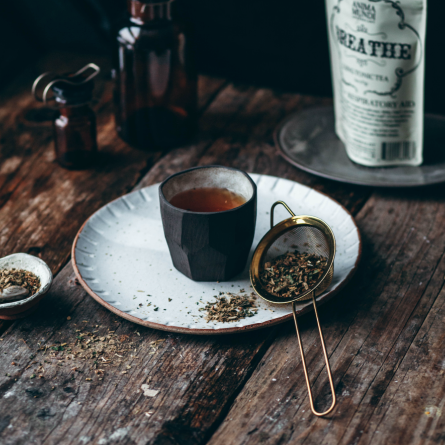 white dish with a black cup of tea flanked with a tea infuser with dried loose tea leaves. Brand: Anima Mundi Apothecary