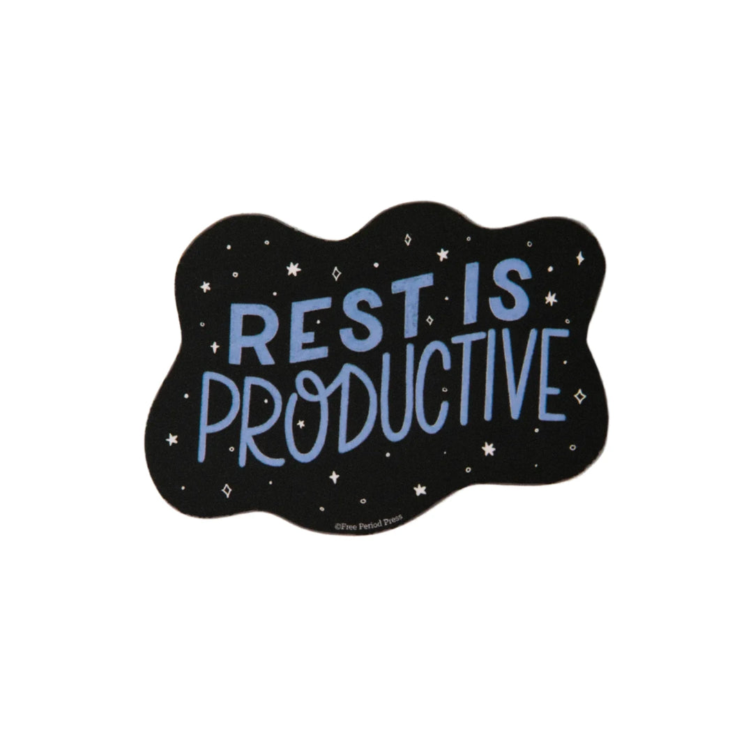 A black wavy-shaped sticker with the phrase "Rest is Productive" in bold blue lettering, surrounded by small white stars.