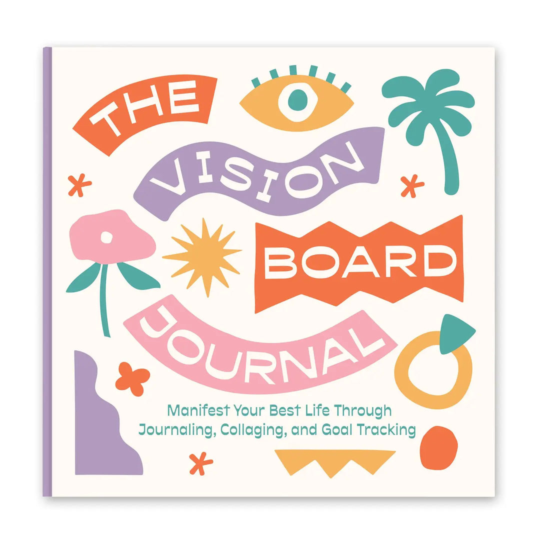Square guided journal titled “The Vision Board Journal” with colorful illustrations on the cover.