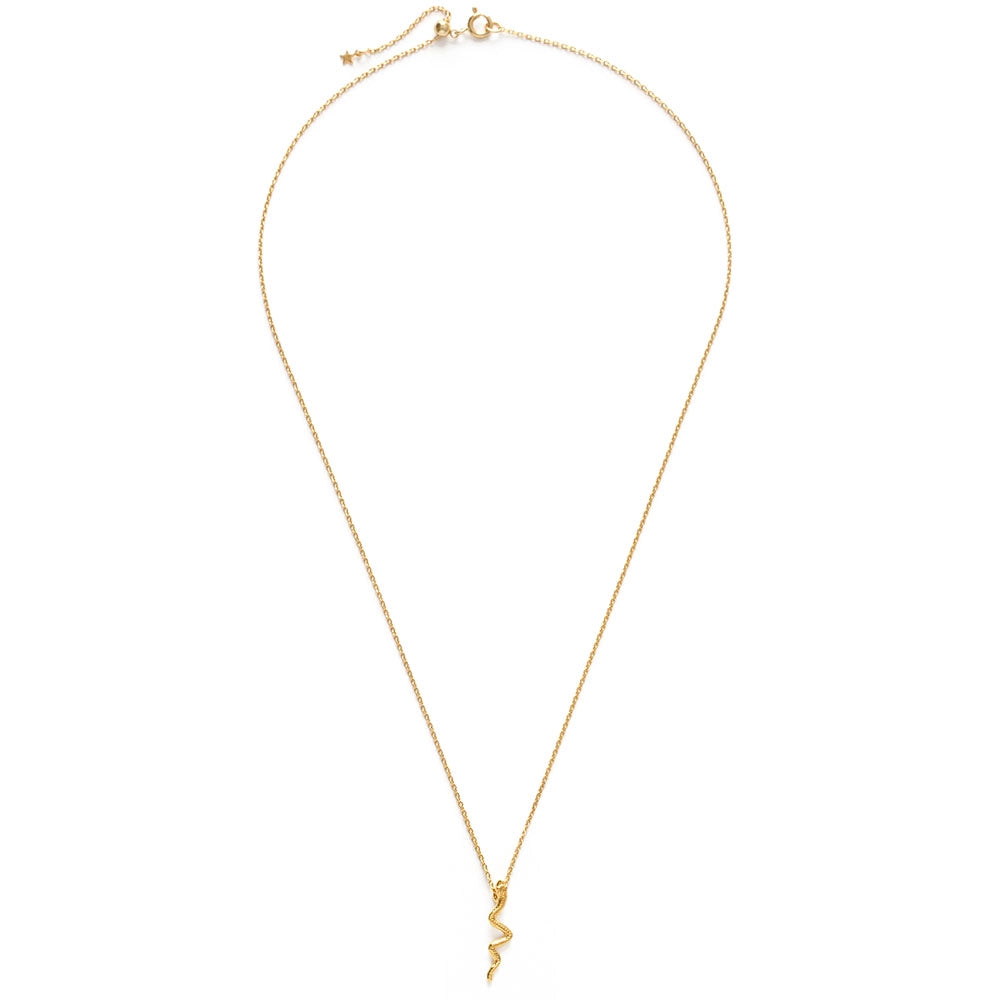 A small textured gold serpent pendant with a sinuous winding body, hung on a delicate gold cable chain.