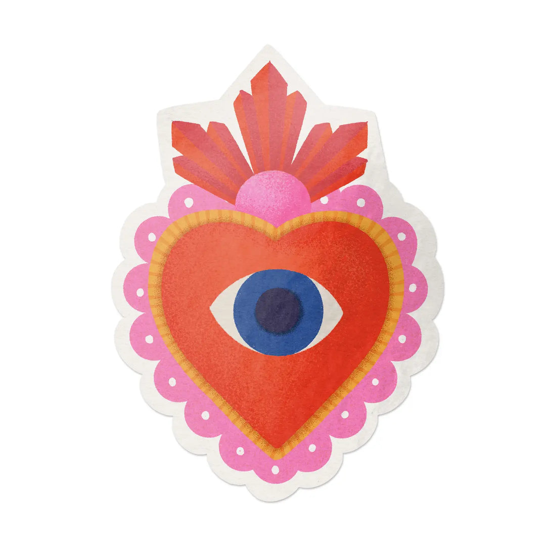 Sticker of a red heart with a central blue eye, surrounded by a pink scalloped border with golden accents, and topped with a radiant flame design.