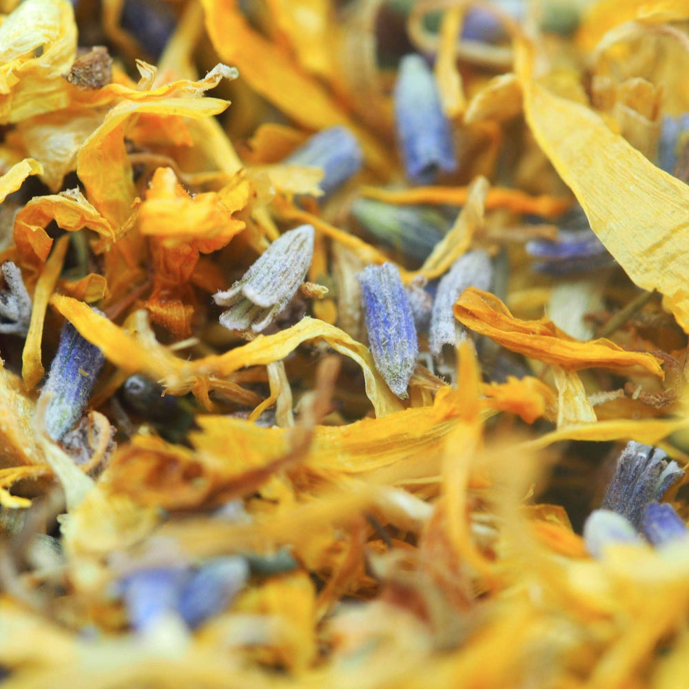 close up view of dried calendula and lavender. Brand: Loveyenergy & Blessings