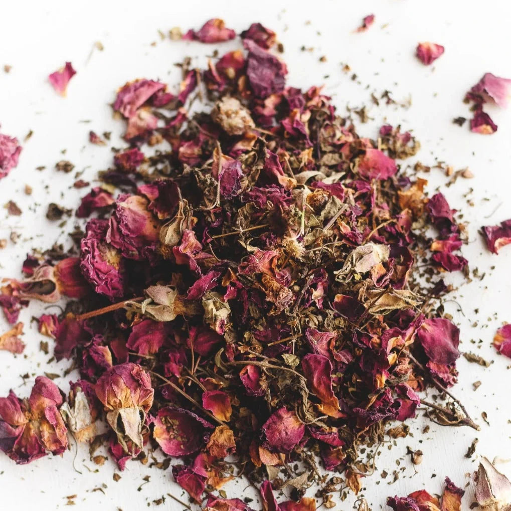 close up view of loose rose petal blend
