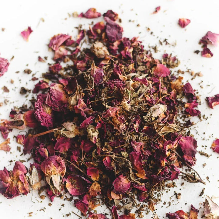 close up view of loose rose petal blend