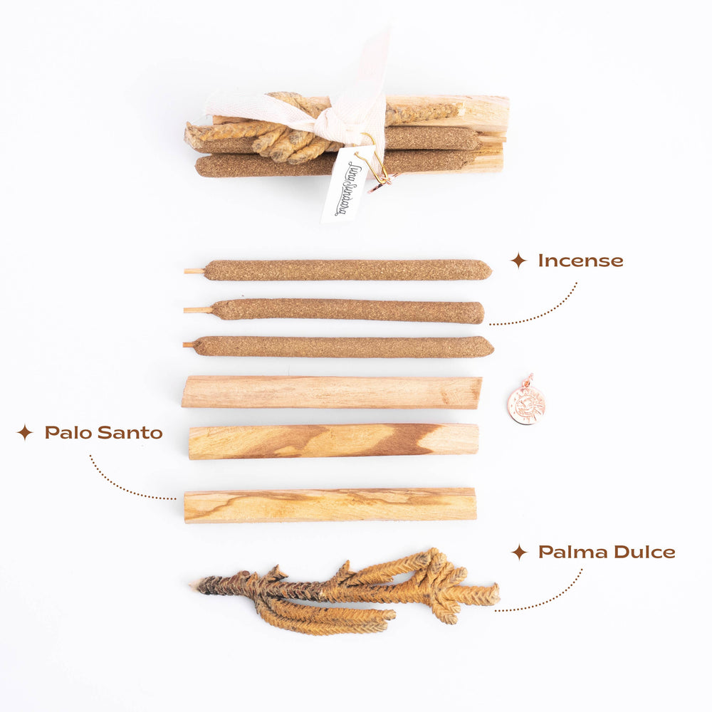 An image of a palo santo and palma dulce bundle along with the bundle laid out in a row and labeled with their name. Brand: Luna Sundara