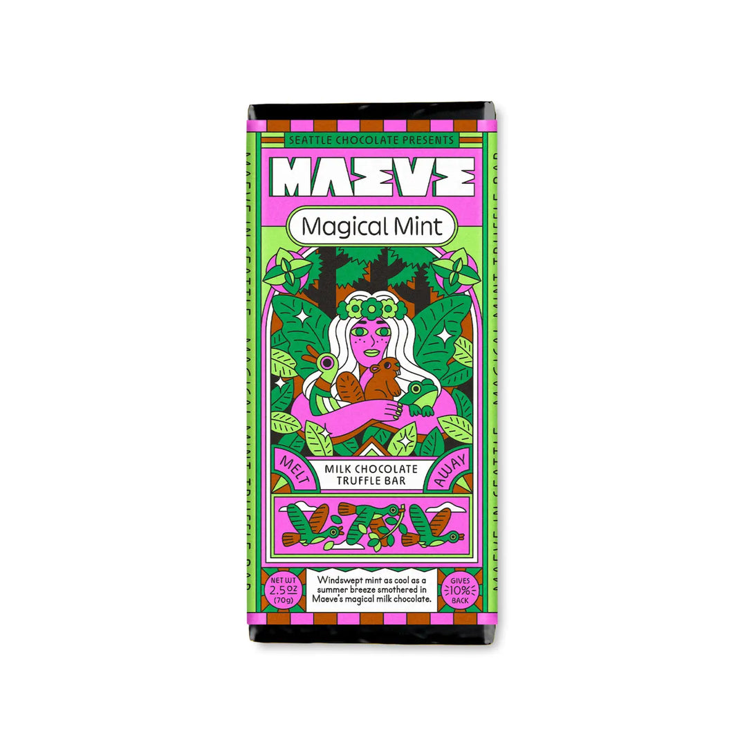 A Seattle Chocolate Maeve’s Magical Mint Milk Chocolate Truffle Bar wrapped in a colorful, mystical-themed design featuring a forest goddess holding an animal, surrounded by lush greenery. The packaging emphasizes its smooth, mint-infused milk chocolate and notes that a portion of proceeds supports food banks.