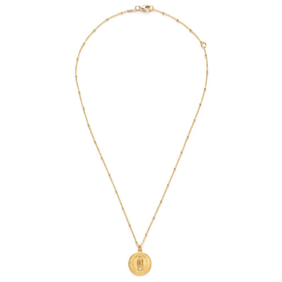 gold necklace with a gold round virgin mary medallion pendant. Brand: Amano Studio