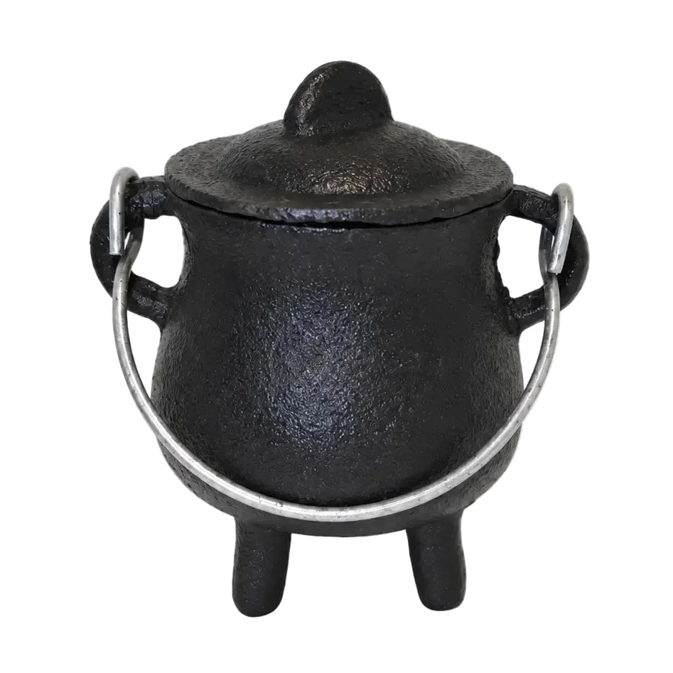 Black cast iron cauldron with lid and handle.