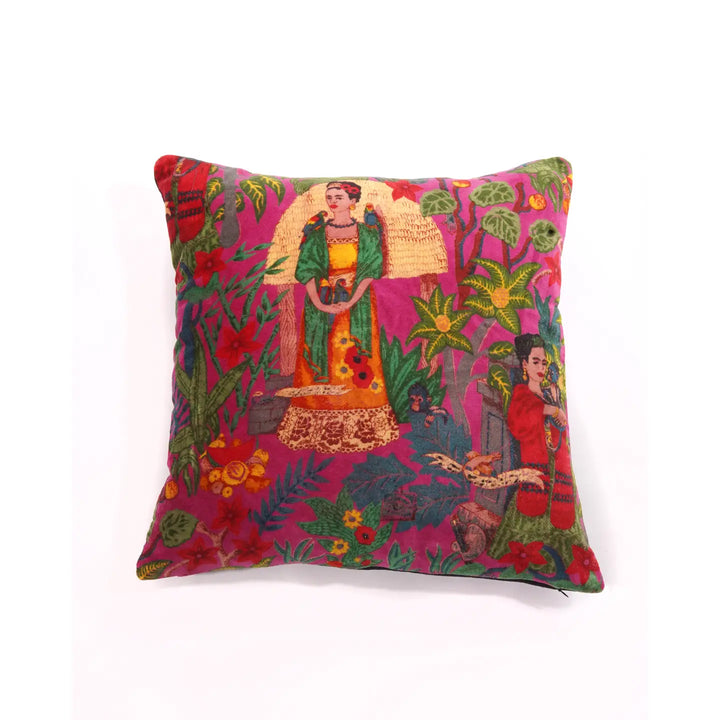 Fuchsia square pillow cover with a Frida Kahlo tropical design.