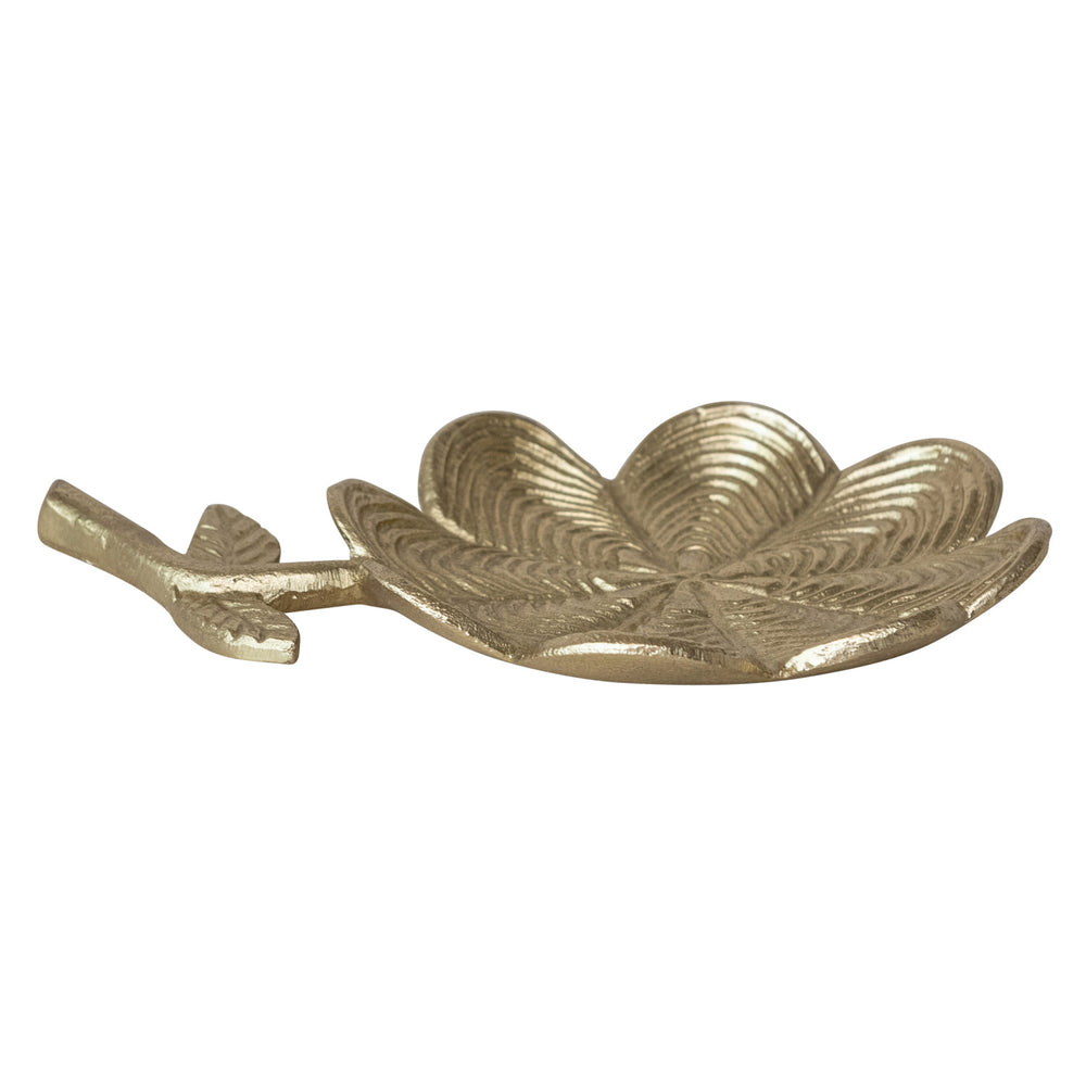 Metallic flower shaped dish with detailed petals and a sculpted stem, shown from a side angle.