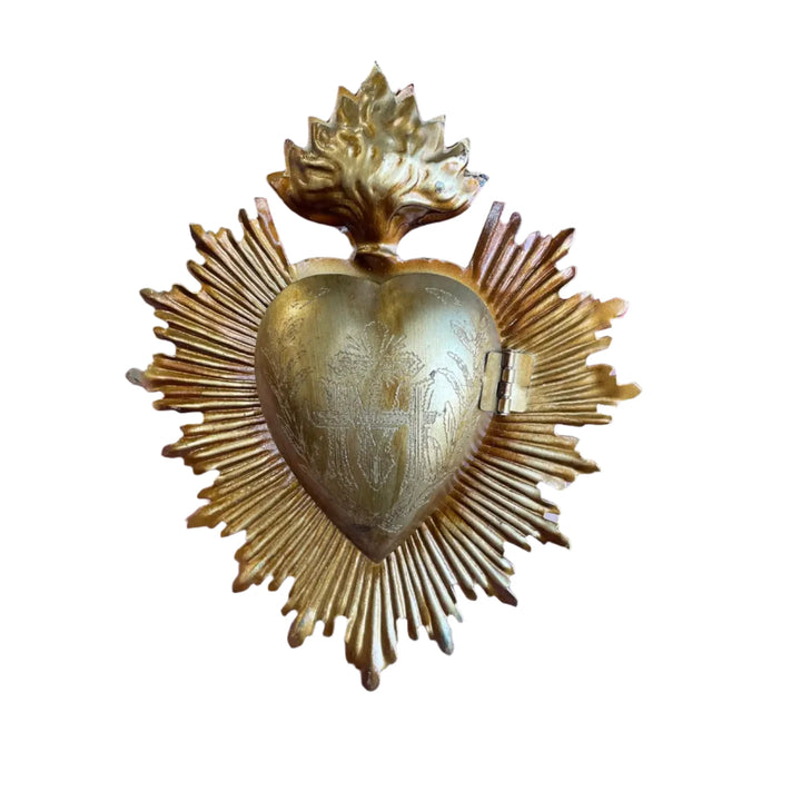 Flaming Sacred Heart Box with intricate flame details, a hinged compartment, and a radiant golden finish.