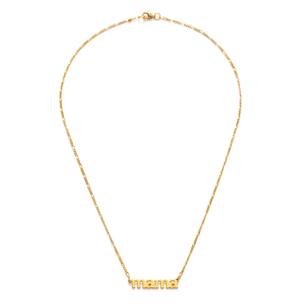 A delicate gold Figaro chain necklace with a small polished gold 'mama' pendant in a serif font.