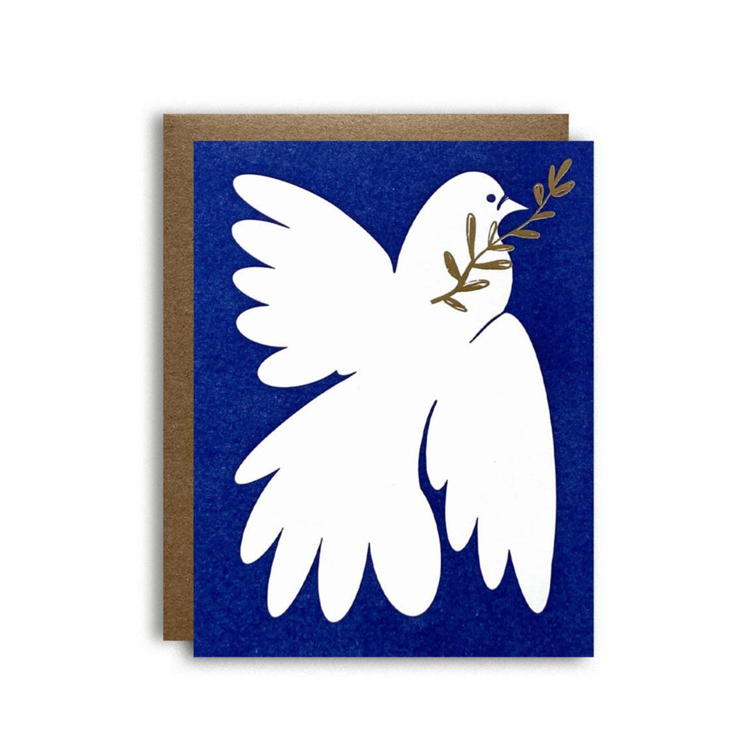 Blue card featuring a white dove holding a gold branch
